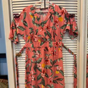 Pink floral tropical dress with plants and lemons